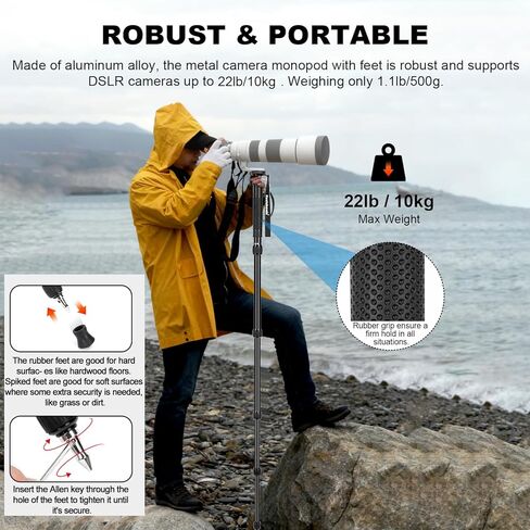 Koolehaoda Camera Monopod, 63" Aluminum Portable Travel Monopod Photography Stick with Phone Stand Walking Stick Handle for Canon, Nikon, Sony, Video Camcorder, DSLR, Easy to Carry in Saudi Arabia