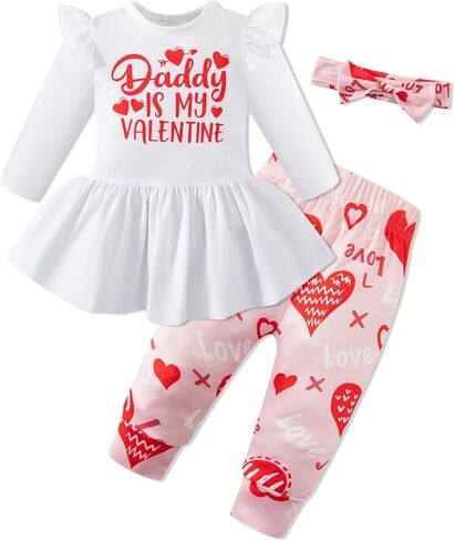 MOMMY'S NEW MAN Valentines Day Baby Girl Daddy is My Valentines Outfits Ruffle Tunic Drees Heart Print Pants in Saudi Arabia