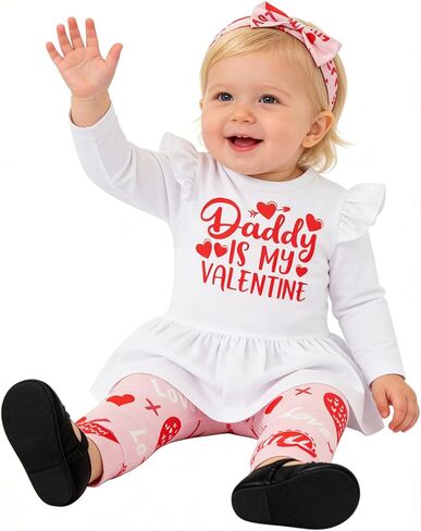 MOMMY'S NEW MAN Valentines Day Baby Girl Daddy is My Valentines Outfits Ruffle Tunic Drees Heart Print Pants in Saudi Arabia