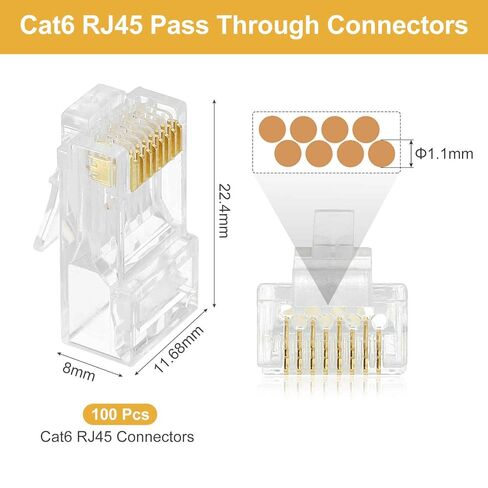 MECCANIXITY 100pcs Cat6 RJ45 Pass Through Connectors, RJ45 Crimp Connector 8P8C Gold Plated Modular Plugs for Solid or Stranded UTP Ethernet Cable in Saudi Arabia