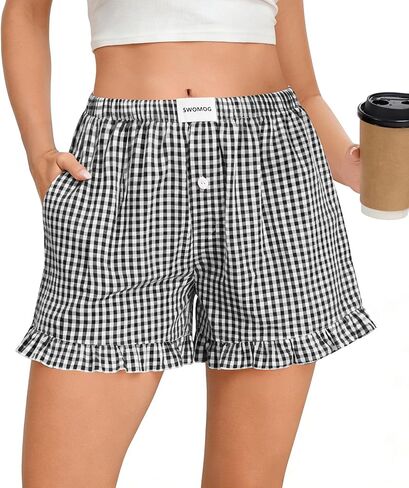 SWOMOG Womens 100% cotton Boxer Shorts Pajama Ruffle Gingham Shorts Summer Casual Lounge Sleep Bottoms Pockets 2026 Trendy in Saudi Arabia