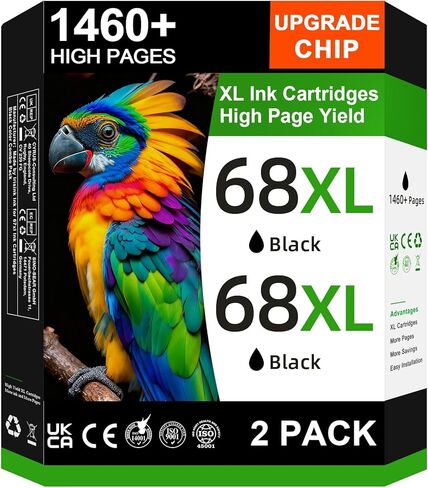 خرطوشة حبر سوداء 68XL عالية الإنتاجية متوافقة مع خرطوشة الحبر الأسود HP 68 لخراطيش الحبر HP 68 المتوافقة مع طابعة 6155e 6555e 6100e 6165e 6500e 6152e 6552e 6558e (2 أسود، عبوتان) in Kuwait