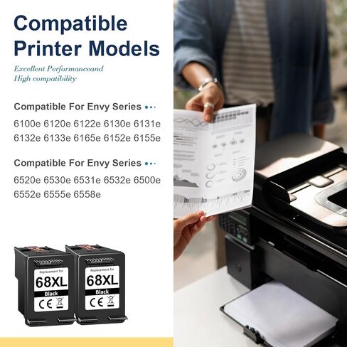 خرطوشة حبر سوداء 68XL عالية الإنتاجية متوافقة مع خرطوشة الحبر الأسود HP 68 لخراطيش الحبر HP 68 المتوافقة مع طابعة 6155e 6555e 6100e 6165e 6500e 6152e 6552e 6558e (2 أسود، عبوتان) in Kuwait