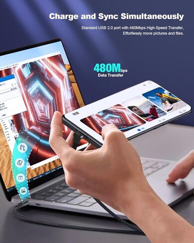 كابل USB C إلى USB C بطول 6.6 أقدام، 60 وات بزاوية قائمة 90 درجة شحن سريع USB C، نقل بيانات عالي السرعة متوافق مع iPhone 17/16/15 Pro Max وMacBook وSamsung وSteam Deck وCarplay وTesla Model Y in Kuwait