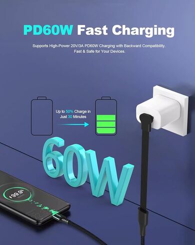كابل USB C إلى USB C بطول 6.6 أقدام، 60 وات بزاوية قائمة 90 درجة شحن سريع USB C، نقل بيانات عالي السرعة متوافق مع iPhone 17/16/15 Pro Max وMacBook وSamsung وSteam Deck وCarplay وTesla Model Y in Kuwait