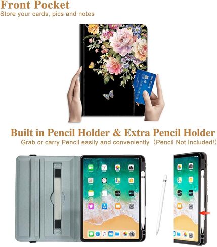 حافظة Vimorco الدوارة لجهاز iPad A16 الجيل الحادي عشر/العاشر 2025/2022، حافظة iPad A16 الجيل الحادي عشر/العاشر تدور 360 درجة، 4 زوايا رؤية، حامل قلم رصاص/حزام يد/جيب، فراشة زهرة سوداء in Kuwait