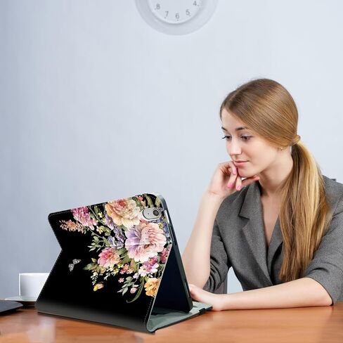 حافظة Vimorco الدوارة لجهاز iPad A16 الجيل الحادي عشر/العاشر 2025/2022، حافظة iPad A16 الجيل الحادي عشر/العاشر تدور 360 درجة، 4 زوايا رؤية، حامل قلم رصاص/حزام يد/جيب، فراشة زهرة سوداء in Kuwait