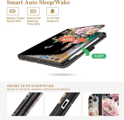 حافظة Vimorco الدوارة لجهاز iPad A16 الجيل الحادي عشر/العاشر 2025/2022، حافظة iPad A16 الجيل الحادي عشر/العاشر تدور 360 درجة، 4 زوايا رؤية، حامل قلم رصاص/حزام يد/جيب، فراشة زهرة سوداء in Kuwait