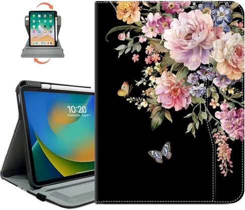 حافظة Vimorco الدوارة لجهاز iPad A16 الجيل الحادي عشر/العاشر 2025/2022، حافظة iPad A16 الجيل الحادي عشر/العاشر تدور 360 درجة، 4 زوايا رؤية، حامل قلم رصاص/حزام يد/جيب، فراشة زهرة سوداء in Kuwait
