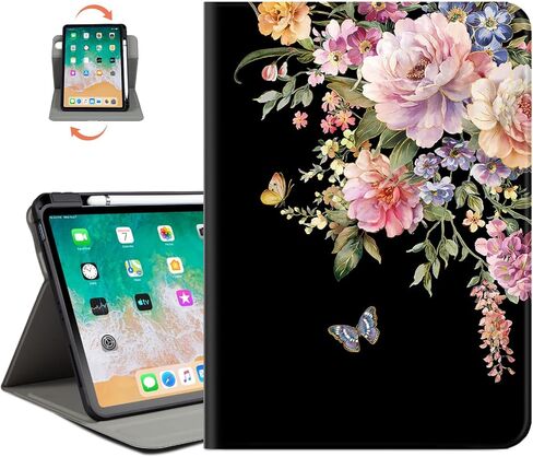 حافظة Vimorco الدوارة لجهاز iPad A16 الجيل الحادي عشر/العاشر 2025/2022، حافظة iPad A16 الجيل الحادي عشر/العاشر تدور 360 درجة، 4 زوايا رؤية، حامل قلم رصاص/حزام يد/جيب، فراشة زهرة سوداء in Kuwait