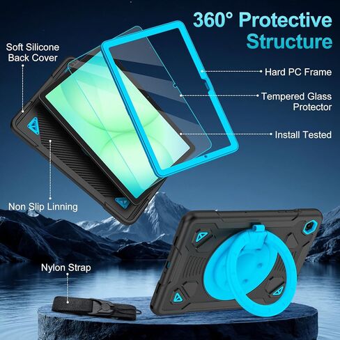 حافظة لجهاز Samsung Galaxy Tab A11+ Plus/ A9+ 11 بوصة 2025/2023 مع واقي شاشة 360 درجة وحامل قلم رصاص بحزام كتف، لجهاز Tab A11 Plus / A9 Plus حافظة تابلت للأطفال (أسود + أزرق) in Kuwait