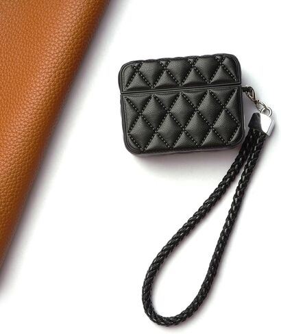 MC Fashion for AirPods 4 Case, Quilted PU Leather Protective Cover with Braided Lanyard Slim Diamond Pattern Compatible with AirPods 4th Gen (2024) (Black) in Saudi Arabia