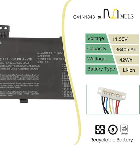 MULS 42Wh C31N1843 Laptop Battery Replacement for ASUS VivoBook S14 S432FA S432FL Vivobook S15 S532FA S532FL X432FA X432FL X432FLC X532FL X532FLC X532FA S432FA-EB008T S532FA-DH55 S532FL-PB77 3640mAh in Saudi Arabia