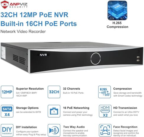 Anpviz 5MP 32CH Bullet PoE IP Wired Security Camera System Outdoor, 12MP 32 Channel NVR with 4 SATA, Plug and Play in Saudi Arabia