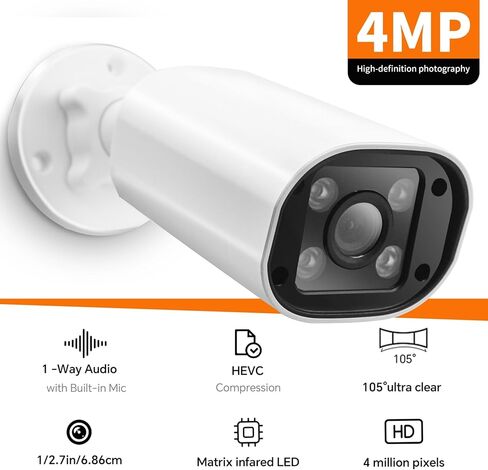 ciciglow 4MP Surveillance Camera, AI Human Detection 30m Night Vision IP66 H.265 Encoding, with POE Power Over Ethernet, for Outdoor Indoor Security Monitoring in Saudi Arabia