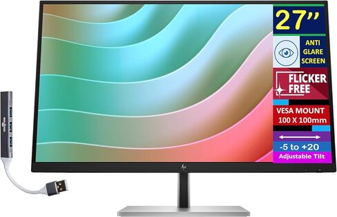 HP E27k G5 27" 4K UHD IPS USB-C Monitor with 5ms Response Time, Anti Glare, Flicker Free, VESA Mount (100mm), Displayport, HDMI & Dockztorm USB Port Expander, Black/Silver Color (6N4C4AA#ABA) in Saudi Arabia