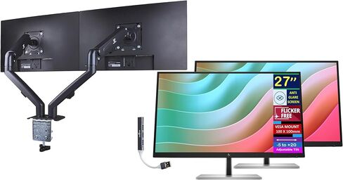 HP E27k G5 27" 4K UHD IPS USB-C Monitor with 5ms Response Time, Anti Glare, Flicker Free, VESA Mount (100mm), Displayport, HDMI & Dockztorm USB Port Expander, Black/Silver Color (6N4C4AA#ABA) in Saudi Arabia