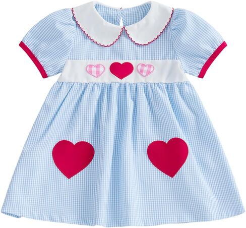 فستان عيد الحب للفتيات الصغيرات بأكمام قصيرة وياقة الدمية ومطرز على شكل قلب فستان كاجوال للأطفال الصغار in Kuwait