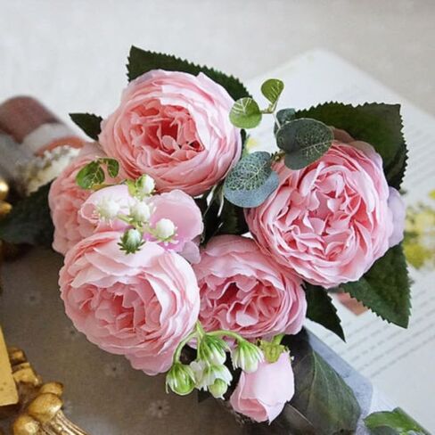 Peonies Artificial Flowers, Small Silk Flowers for Home Decor Indoor Fake Bouquet Faux Floral Arrangements Dining Table Centerpieces for Kitchen Bridal Wedding Party Decor (11.8x5.9in) (Pink Rose) in Saudi Arabia