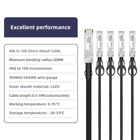 40G QSFP+ إلى 4x10G SFP+ كابل توصيل مباشر، 0.5M/1.64FT كابل DAC Twinax 30AWG/26AWG كابل نحاسي سلبي عالي السرعة لتوصيل مباشر لـ H3C/Cisco/Intel/العلامات التجارية الأخرى in Kuwait