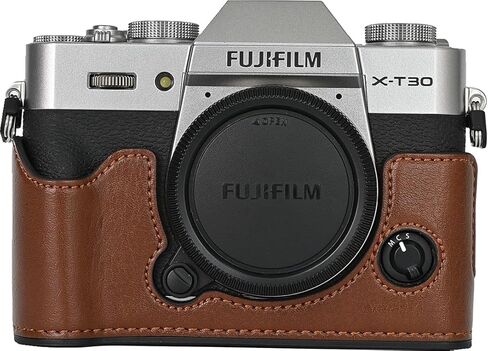 حافظة X-T30 III/II، مصنوعة يدويًا من جلد البولي يوريثان، غطاء حقيبة نصف كاميرا، إصدار فتحة سفلية لـ Fujifilm XT30 X-T30 III/II مع صندوق صغير لحزام الرقبة (قهوة) in Kuwait
