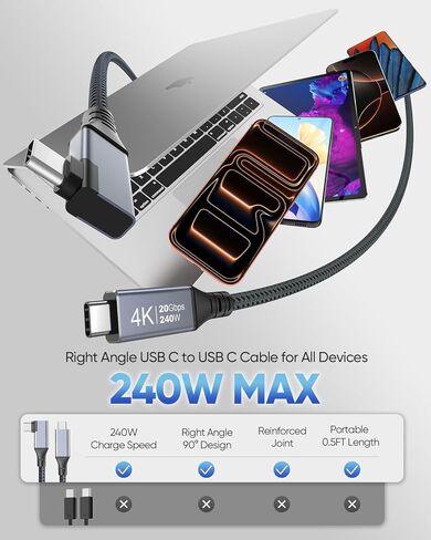 كابل USB C قصير 6 بوصة بزاوية يمنى 240 وات، كابل USB C 3.2 Gen 2 لنقل البيانات بسرعة 20 جيجابت في الثانية، 4K، سلك USB من النوع C 90 درجة، شحن سريع 0.5 قدم متوافق مع iPhone 17/16، MacBook، Galaxy S25، iPad in Kuwait