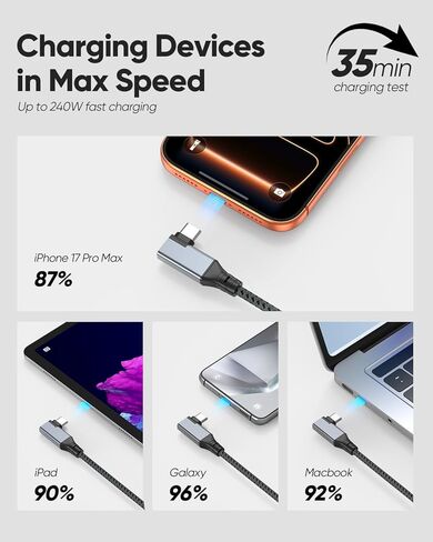 كابل USB C قصير 6 بوصة بزاوية يمنى 240 وات، كابل USB C 3.2 Gen 2 لنقل البيانات بسرعة 20 جيجابت في الثانية، 4K، سلك USB من النوع C 90 درجة، شحن سريع 0.5 قدم متوافق مع iPhone 17/16، MacBook، Galaxy S25، iPad in Kuwait