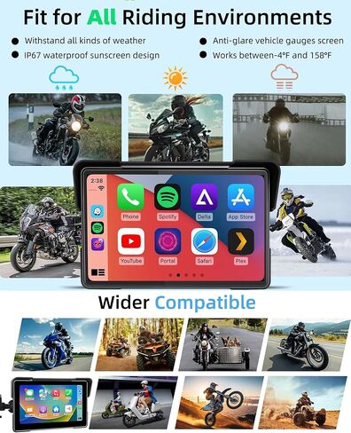 2025 Motorcycle CarPlay Screen & Android Auto 7" Wireless Portable Carp Lay Screen Bluetooth IP67 Waterproof GPS Navigation System for Moto Motorbike with Touchscreen Bluetooth Anti-Glare in Kuwait