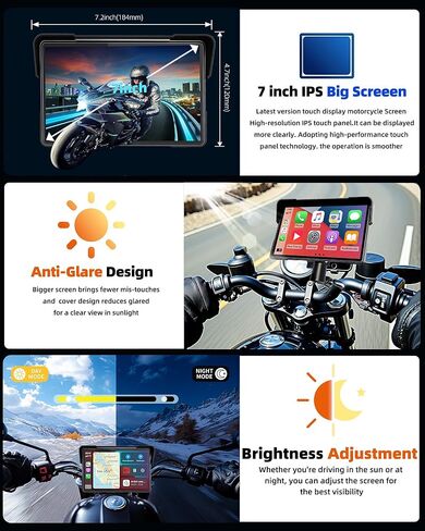 2025 Motorcycle CarPlay Screen & Android Auto 7" Wireless Portable Carp Lay Screen Bluetooth IP67 Waterproof GPS Navigation System for Moto Motorbike with Touchscreen Bluetooth Anti-Glare in Kuwait