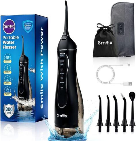 Smilix Water Flosser، جهاز تنظيف الفم اللاسلكي بأربعة أوضاع - 300 مل، USB-C، مقاوم للماء (IPX7)، 5 رؤوس نفاثة، حقيبة سفر - تنظيف عميق قوي للأسنان واللثة in Kuwait