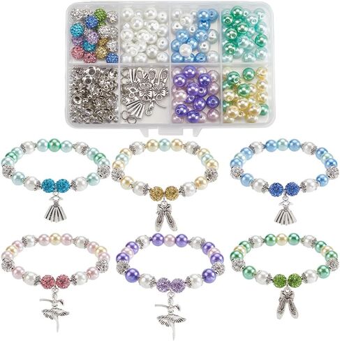 SUNNYCLUE 1 Box 280pcs DIY 6 Sets Glass Bead Bracelet Making Kit Dancer Charms Ballet Dance Bowknots Moon Light Sea Green Electroplate Butterfly Bead With Silver Heart Frame For Jewelry Making Starter in Saudi Arabia