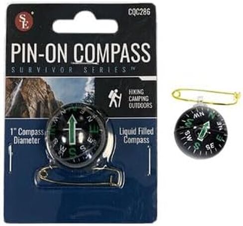 SE Liquid-Filled Pin-On Compass with Brass Pin – 1" Round Outdoor Navigation Tool for Hiking, Camping, Fishing, Boating & Backpacking – Stable, Accurate & Compact Design in Saudi Arabia