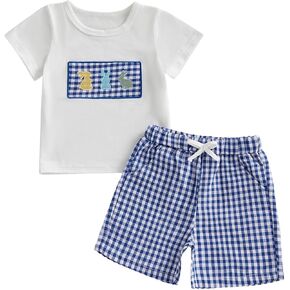 Toddler Baby Boy Easter Outfit Bunny Embroidered Short Sleeve T-Shirt Tops Plaid Shorts 2pcs Set Cute Infant Clothes in Kuwait