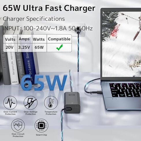 شاحن كمبيوتر محمول USB-C بقدرة 65 واط متوافق مع Dell Latitude 5420 5450 5520 5320 5340 5440 5550 7440 7490 7640 7420 7310 2 في 1 Xps 13 9250 Inspiron 7420 7620 Chromebook 3100 Universal Ac Adapte in Kuwait