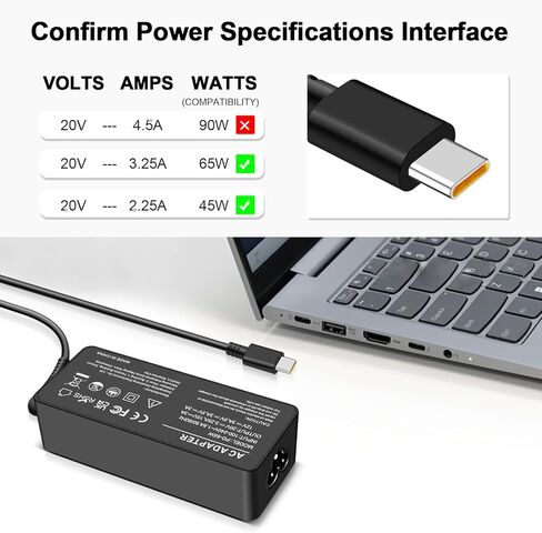 65W USB C Laptop Charger Compatible with Lenovo Thinkpad T14 T15 T16 E14 E15 T480s T490 T580s E580 X1 Yoga 7i 9i C930 C940 C630 Chromebook 100e 300e 500e c330 s330 ADLX65YDC2A Type-C Power Adapter in Saudi Arabia