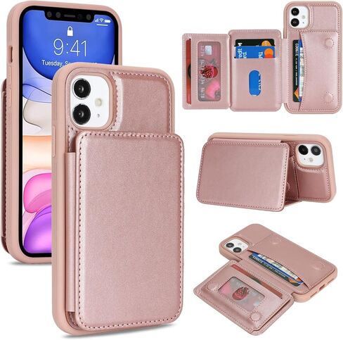 Cavor Compatible with iPhone 11 Wallet Case with Card Holder, Credit Slots Kickstand Stand Phone Case for Women Men, PU Leather Protective Case-Rose Gold in Saudi Arabia