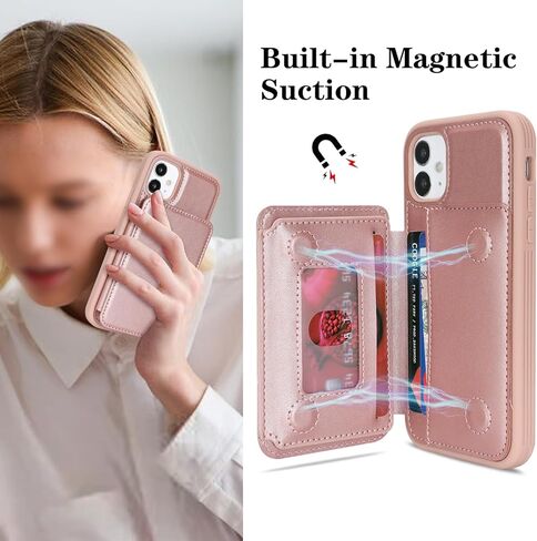 Cavor Compatible with iPhone 11 Wallet Case with Card Holder, Credit Slots Kickstand Stand Phone Case for Women Men, PU Leather Protective Case-Rose Gold in Saudi Arabia