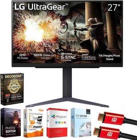 LG 27GS75QX-B 27 بوصة Ultragear QHD 1440P 180 هرتز 1 مللي ثانية G-Sync حزمة شاشة ألعاب IPS متوافقة مع Elite Suite 18 وكابل 2X HDMI وحزمة حماية حصرية لمدة 26 شهرًا من Deco Gear CPS (BEACH-CPS-26M500) in Saudi Arabia