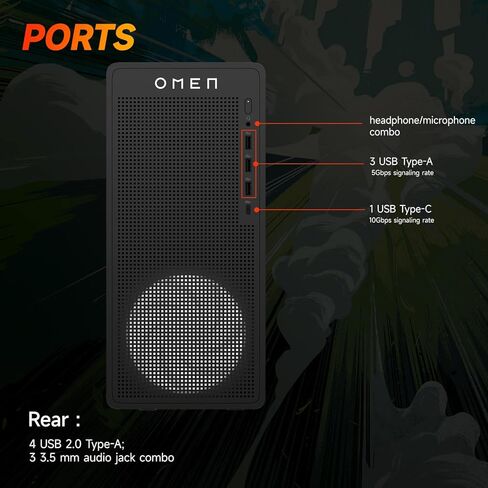 كمبيوتر مكتبي HP OMEN 16L TG03 RTX 5060 للألعاب، Intel Core i7-14700F، ذاكرة الوصول العشوائي DDR5 سعة 64 جيجابايت، SSD 4 تيرابايت، DP، RJ-45، Wi-Fi 6، حزمة مع لوحة مفاتيح HVER Stealth للألعاب، أسود، Windows 11 Home in Kuwait