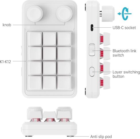لوحة مفاتيح ميكانيكية ماكرو سلكية من MOSHOU، لوحة مفاتيح Macropad تعمل باللمس مكونة من 12 مفتاحًا، مقابض قابلة للبرمجة بالكامل، لوحة مفاتيح OSU Macro Pad Hotswap مع RGB لملحقات أجهزة الكمبيوتر الشخصية (أبيض) in Kuwait