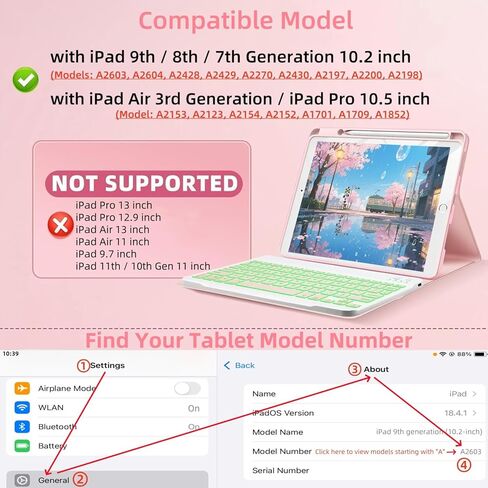 حافظة لوحة المفاتيح لجهاز iPad 9th / 8th / 7th Gen 10.2 بوصة / Air 3rd / Pro 10.5 بوصة - غطاء لوحة مفاتيح وماوس بإضاءة خلفية 7 ألوان (وردي) in Kuwait