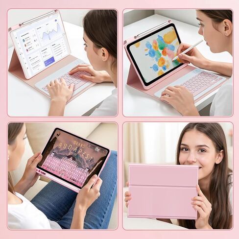 حافظة لوحة المفاتيح لجهاز iPad 9th / 8th / 7th Gen 10.2 بوصة / Air 3rd / Pro 10.5 بوصة - غطاء لوحة مفاتيح وماوس بإضاءة خلفية 7 ألوان (وردي) in Kuwait