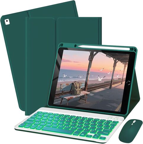 حافظة لوحة المفاتيح لجهاز iPad 9th / 8th / 7th Gen 10.2 بوصة / Air 3rd / Pro 10.5 بوصة - غطاء لوحة مفاتيح وماوس بإضاءة خلفية 7 ألوان (وردي) in Kuwait