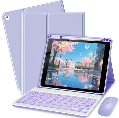 حافظة لوحة المفاتيح لجهاز iPad 9th / 8th / 7th Gen 10.2 بوصة / Air 3rd / Pro 10.5 بوصة - غطاء لوحة مفاتيح وماوس بإضاءة خلفية 7 ألوان (وردي) in Kuwait