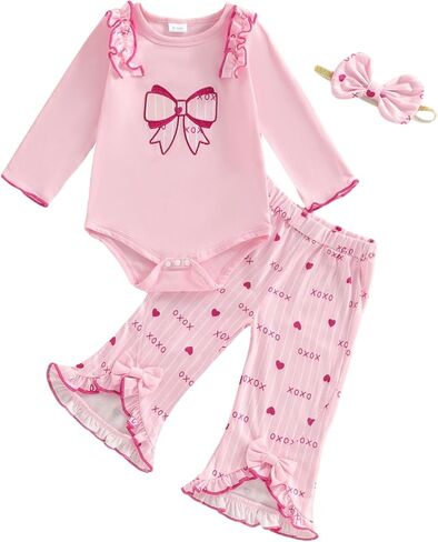 Owl's-Yard Infant Baby Girls Outfits Long Sleeve Crew Neck Bow Print Romper Elastic Waist Bell Bottom Pants and Headband Set in Saudi Arabia