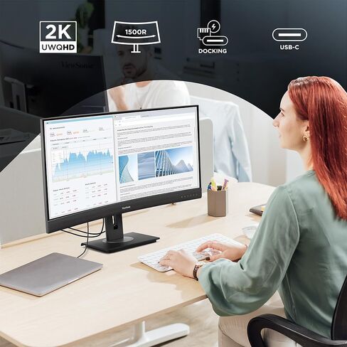 شاشة فيوسونيك VG3456CA مقاس 34 بوصة 21:9 منحنية فائقة الدقة QHD 4K مع تصميم مريح، 100 وات USB C، قاعدة توصيل مدمجة، جيجابت إيثرنت RJ45 للمنزل والمكتب in Saudi Arabia