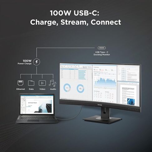 شاشة فيوسونيك VG3456CA مقاس 34 بوصة 21:9 منحنية فائقة الدقة QHD 4K مع تصميم مريح، 100 وات USB C، قاعدة توصيل مدمجة، جيجابت إيثرنت RJ45 للمنزل والمكتب in Saudi Arabia