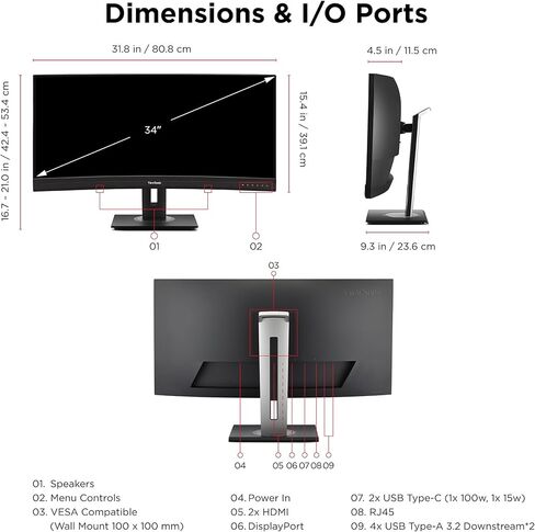 شاشة فيوسونيك VG3456CA مقاس 34 بوصة 21:9 منحنية فائقة الدقة QHD 4K مع تصميم مريح، 100 وات USB C، قاعدة توصيل مدمجة، جيجابت إيثرنت RJ45 للمنزل والمكتب in Saudi Arabia