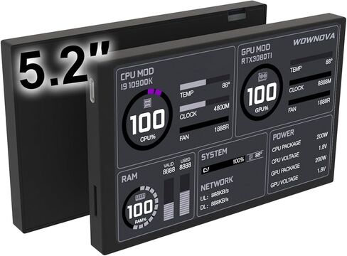 شاشة LCD WOWNOVA مقاس 5.2 بوصة قابلة للتخصيص داخل شاشة حافظة الكمبيوتر الشخصي لإعداد الكمبيوتر - لوحة عرض درجة حرارة الكمبيوتر قابلة للتخصيص، وحدة معالجة الرسومات GPU CPU FPS RAM HDD وشاشة درجة حرارة الكمبيوتر (أسود) in Kuwait