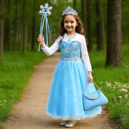 فستان الأميرة للفتيات، زي الهالوين الثلجي التنكري مع قبعة طويلة 3-10 سنوات لحفلات أعياد الميلاد وحقيبة التاج in Kuwait